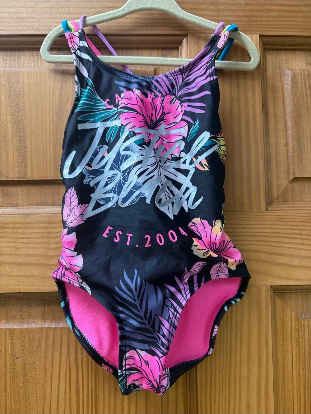 Justice Black One-Piece Swimsuit with Pink Tropical Floral Print